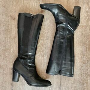 Geox women’s heeled Black Leather Knee-High Boots size 38.5 with buckle detail